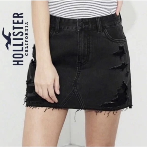 Hollister Distressed Black Denim Jean High Rise Mini Skirt Raw Hem Womens 7 / 28 - Picture 1 of 6